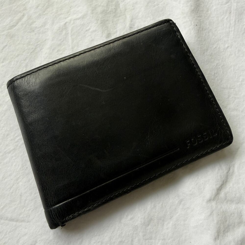 Vintage Fossil Black Leather Trifold Wallet Mens Classic Soft Leather EUC